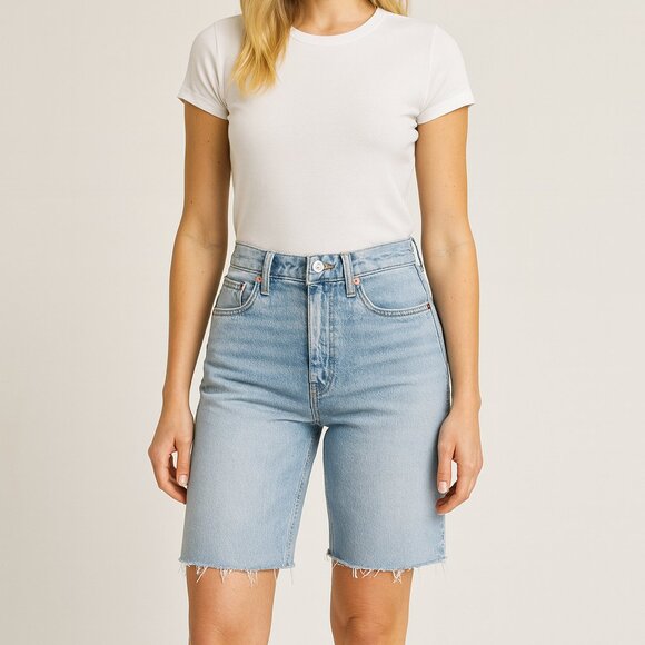 Aritzia Denim Forum Joni High Rise Raw Hem Cutoff Denim Bermuda Shorts Blue 25 - Picture 1 of 7